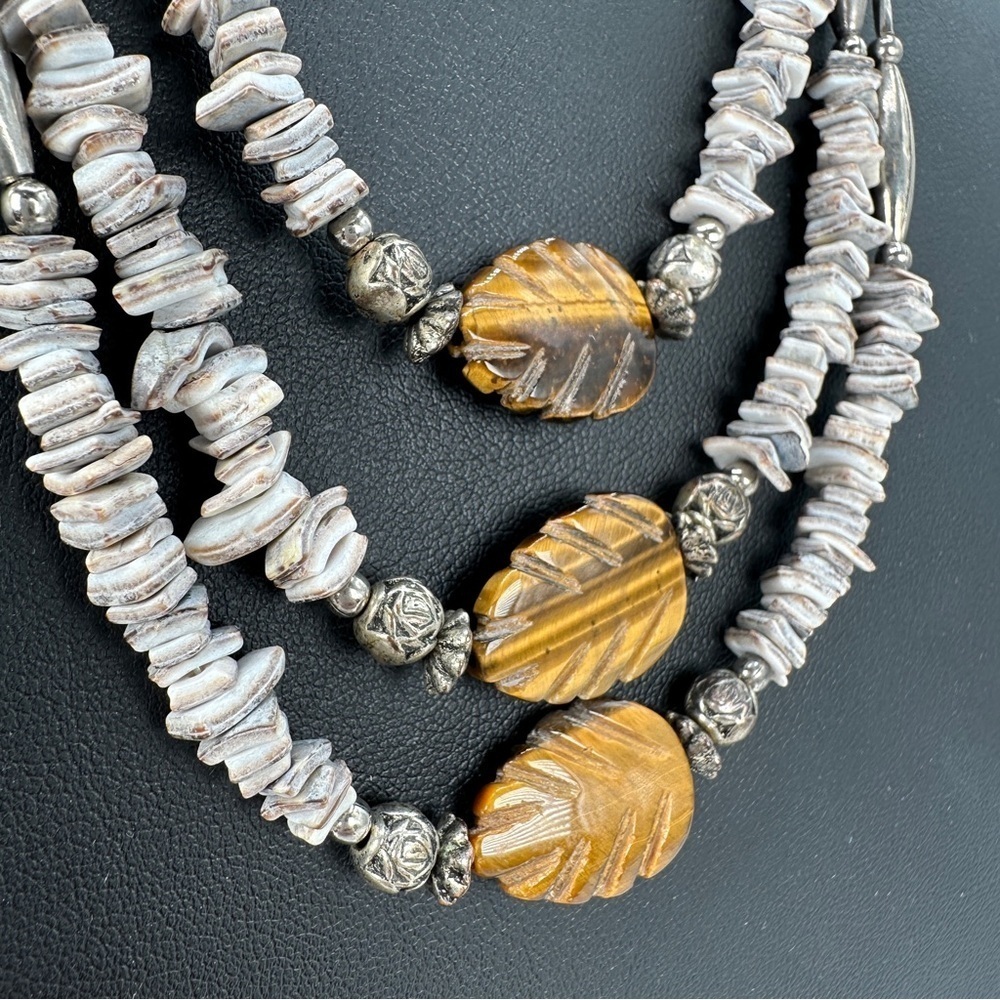 Natural Carved Tigers Eye Necklace Three Strands 925 Sterling Silver Clasp Boho